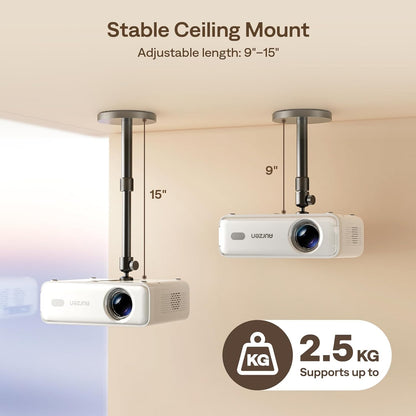 Aurzen Ceiling Projector Mount Bracket, 360° Rotation & 90° Tilt, Adjustable 9"-15" Length, ¼-Inch Screw, Compatible with TMY, HAPPRUN, Yaber, Epson & Most Projectors for Ceiling/Wall Use