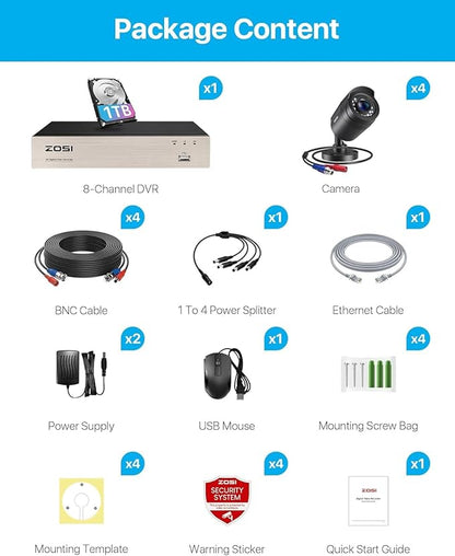 ZOSI 8CH 3K Lite Home Wired Security Camera System with 1TB HDD, AI Human Vehicle Detection, Night Vision, 4pcs 1080P Indoor Outdoor Surveillance Cameras, H.265+ 8 Channel CCTV DVR for 24/7 Recording