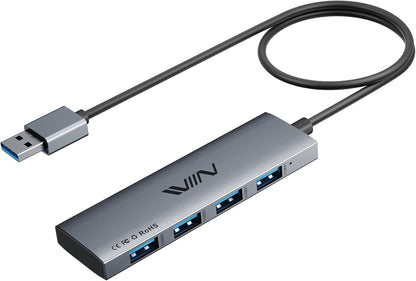 USB 3.0 Hub,4 Port USB Splitter Extender Portable Adapter Multiport Data Hub for Laptop,Xbox, Flash Drive,HDD,Console,Camera,Keyborad,Mouse Windows,Mac OS PC,Not Designed to Charge Devices-Grey