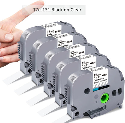 Clear Label Maker Tape Refill Compatible with Brother TZe-131 TZe131 TZe TZ Tape 12mm 0.47 Laminated Clear 1/2'' x 26.2' Black on Clear P Touch Label Tape for PT-D210 PTD220 PT-H110 PT-D600, 5 Pack