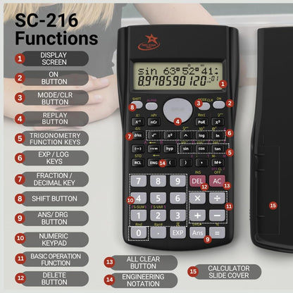 SC 216 Non Graphing Scientific Calculator for School by Red Star Tec – Black Math Calculator with 240 Functions, SAT Exam Ready, 2-Line Display, Trigonometry, Algebra & Statistics Support