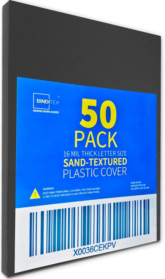 Binditek 50 Pack 16 Mil Sand-Textured Polycover - Plastic Binding Cover for Letter Size - Business Reports and Proposals - Lightly Sanded Finish - Square Corners, Un-Punched, Black
