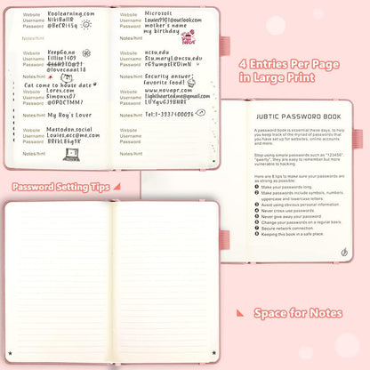 JUBTIC Password Book with Alphabetical Tabs. Medium Size Password Notebook for Internet Website Address Log in Details. Hardcover Password Journal & Organizer for Home Office, Rose Gold