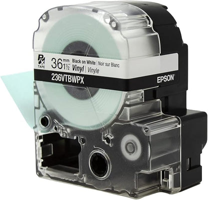 Epson LABELWORKS 236VTBWPX Genuine Tape Cartridge - Black on White Flexible and Durable Vinyl Industrial Label Maker Tape - 1.5" (36MM) Wide, 22.9 ft