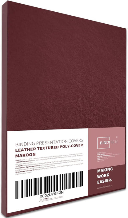 Binditek 50 Pack 16 Mil Leather Textured Polycovers - Binding Presentation Covers for Business Reports and Proposals, 8-1/2 x 11", Maroon, Office Supplies