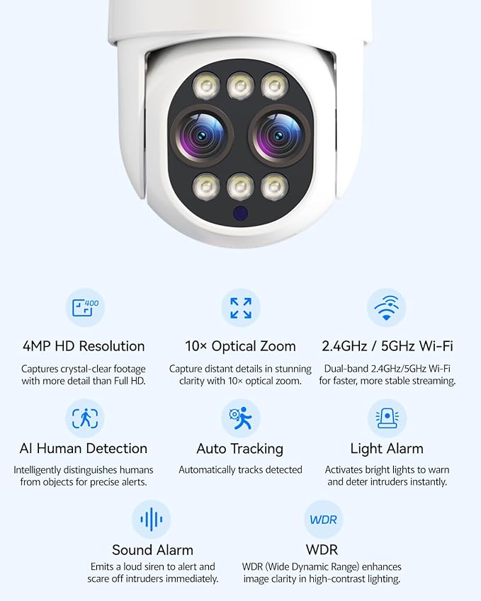 Security Camera Wireless Outdoor System with Monitor, 2pcs Dual Lens 10X Optical Zoom PTZ Cameras for Home Surveillance, Color Night Vision, Auto Tracking, Human Detection, 10CH NVR, 500GB HDD
