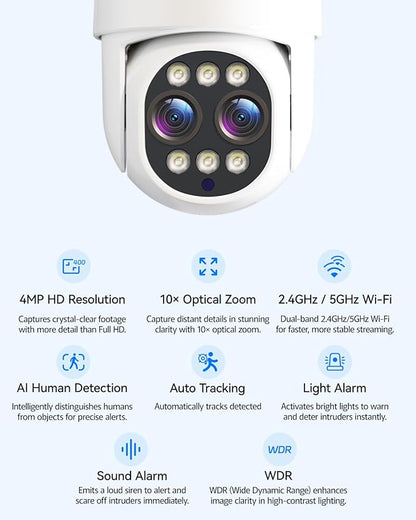 Wireless Security Camera Outdoor, 4MP 10x Optical Zoom Dual Lens WiFi Cameras for Home Security 360° PTZ Surveillance, Color Night Vision, Auto Tracking, Human Detection, 2.4Ghz & 5Ghz WiFi