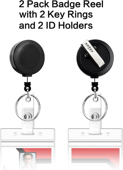 2 Pack Badge Reels Retractable with Key Rings, ID Badge Holder with 2 pcs Waterproof Extra Thick ID Card Holders, Alligator Clip (Black)