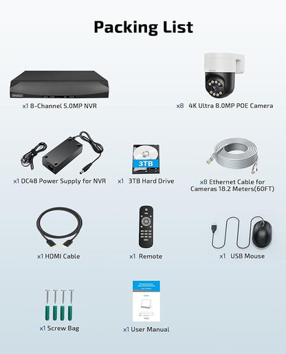 OHWOAI 《2-Way Audio & Auto-Tracking》4K Outdoor Wired Security Camera System,360 Degrees Security PTZ IP Cameras,Surveillance Video Equipment, Surveillance DVR Kits