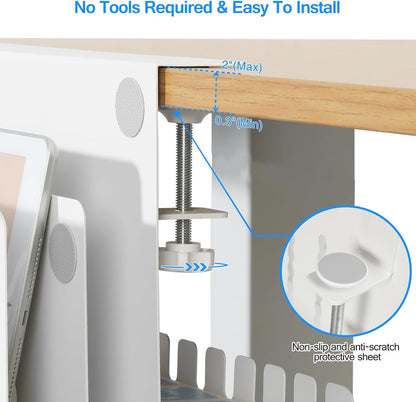 MAXECHO Desk Side Storage, Under Desk Laptop Mount, Table Side Hanging File Organizer, No Drill Clamp On Cable Management Tray, Laptop Holder with Magnetic Pen Holder for Office and Home, Load 22 Lbs