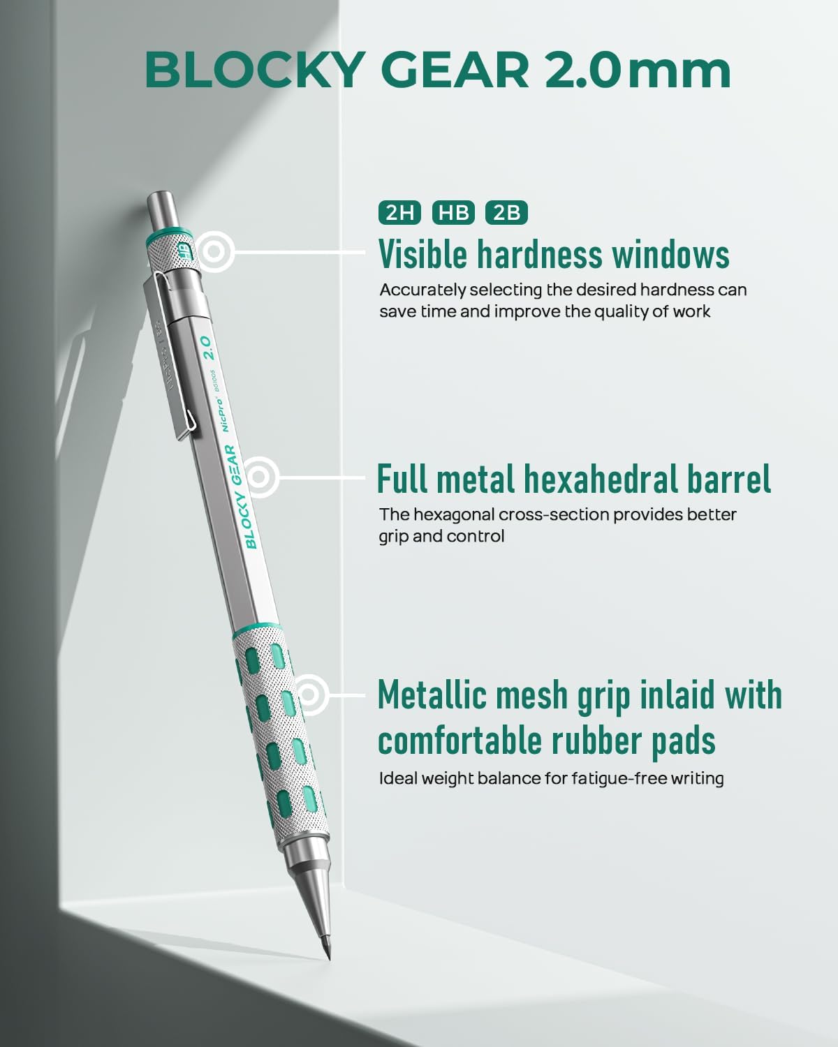 Nicpro Blocky Gear 2mm Metal Mechanical Pencils Set with Case, Drafting Pencil with 6 Tubes 2mm Lead Refill (HB 2B 2H 4B 4H & Colors) Sharpeners, Erasers for Artist Art Writing Drafting Drawing