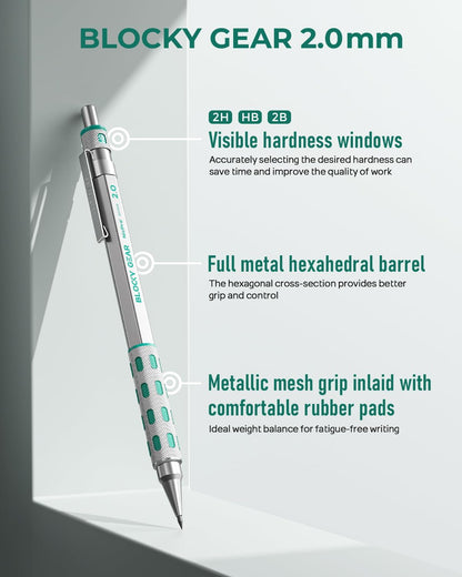 Nicpro Blocky Gear 2mm Metal Mechanical Pencils Set with Case, Drafting Pencil with 6 Tubes 2mm Lead Refill (HB 2B 2H 4B 4H & Colors) Sharpeners, Erasers for Artist Art Writing Drafting Drawing