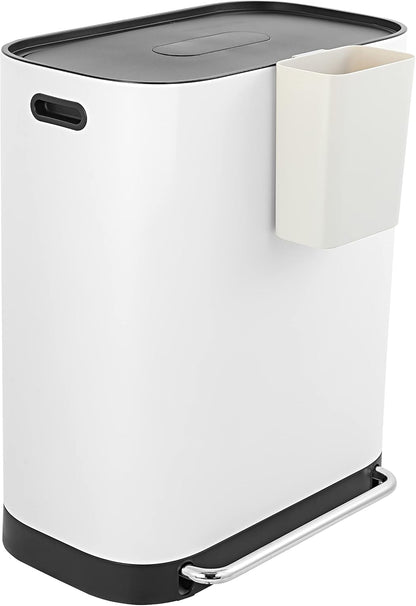 happimess HPM1014C Beni Kitchen 16-Gallon Double-Bucket Step-Open Trash Can with Soft-Close Lid, Modern, Minimalistic, Fingerprint Proof for Home, Kitchen, Laundry Room, Office, Bathroom, White