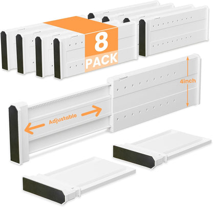 REBECAT 8 Pack Drawer Dividers for Clothes Adjustable Drawer Dividers 4" High Expandable from 11"-17" for Dresser Baby Clothes Bathroom Bedroom Kitchen and Office Storage，White