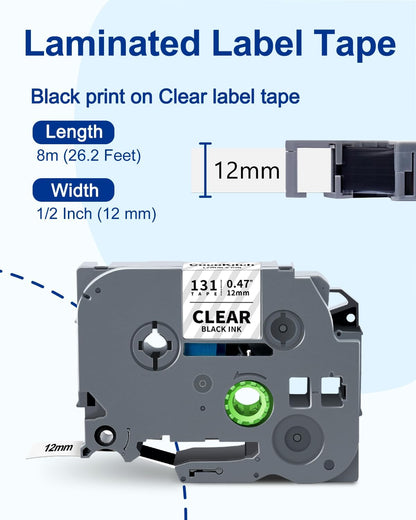 5-Pack TZe-131 TZ Tape 12mm 0.47 Laminated Clear Compatible with Brother P Touch Label Tape TZe131 TZ-131 Work with Ptouch PT-H100 D220 D210 PTD400 PTD-600 PTD610BT Label Maker, 1/2 in x 26.2 ft