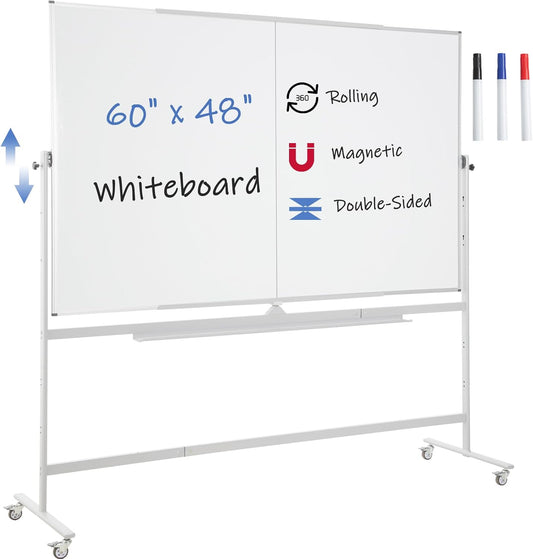 FORTUNO Large Magnetic Mobile Whiteboard 60"x48", Rolling Double Sided Stand Whiteboard on Wheels, Reversible Adjustable Height/Angle Dry Erase Board 5' x 4' Easel White Board for Office Classroom