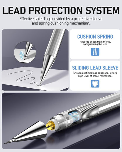 Four Candies 8PCS Metal Mechanical Pencils - 0.5 & 0.7mm with 8 Tubes HB #2 Lead Refills, Eraser Set and Eraser Refills, 20-Count Pack with Case, Lead Pencils Mechanical for Writing, Drawing, Drafting