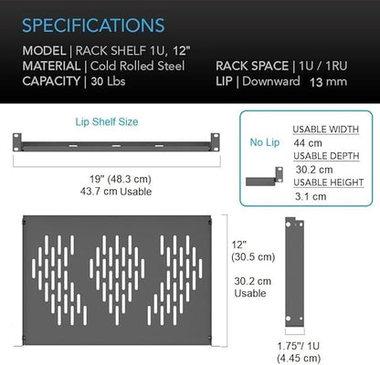Beiyier 2PCS 1U Server Rack Shelf, Suitable for 19" Network Equipment Racks and Cabinets, Ventilated Cantilever Tray, Depth of 12 inches, Well-Ventilated (Black)