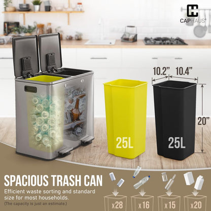 CAPHAUS Black Dual Trash Can w/Double Lid, Trash & Recycle Bins Combo, Hands-Free Stainless-Steel Garbage Can for Kitchen, with 2 Compartment, Hinged Lid, Odor Filters, Handles, 25L+25L, 2 x 6.6 Gal