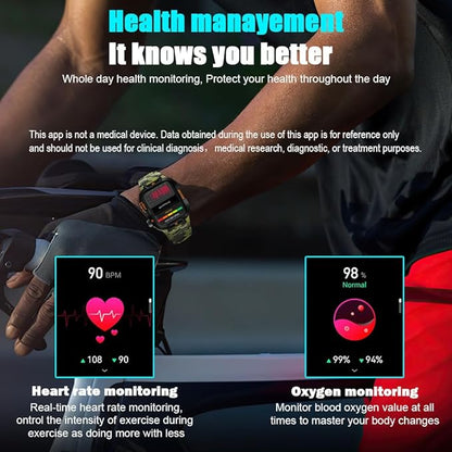 QTLLBT Smart Watch Receive/Make Calls LED Flashlight Compass Altitude 2.01HD Fitness Tracker Multi-Watch Face 100+ Sports Mode for Android iOS (Camouflage Green)