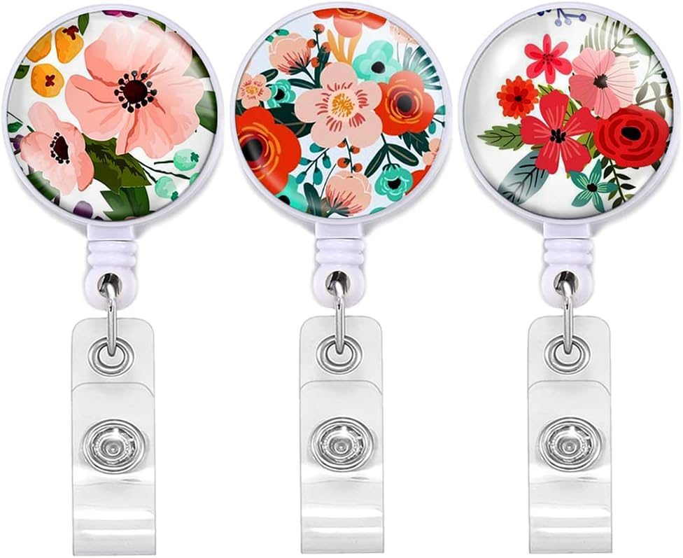 Nurse Badge Reel 3 Pack Beautiful Flowers Retractable Badge Holder Reel Clip On ID Card Holders for Office Worker Doctor Nurse