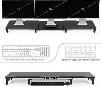Nnewvante Monitor Stand Riser, Upgrade Height Large TV Riser, 60 inch Large Bamboo Dual Monitor Stand for Desk, 3 Shelves Desktop Screen Riser with Adjustable Length Angle for Computer Laptop Black
