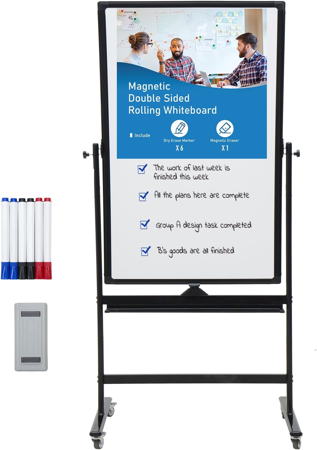 40" x 28" Double-Sided Mobile Whiteboard with Wheels | Rolling Magnetic Dry Erase Board on Stand | Adjustable Height Black Frame White Board for Office, Classroom & Home