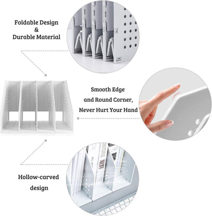 SAYEEC Collapsible Magazine Holder Plastic Desktop 4 Compartment File Desk Magazine Organizer Vertical File Divider Sorter Storage Document Organizer for Office Home School Gray