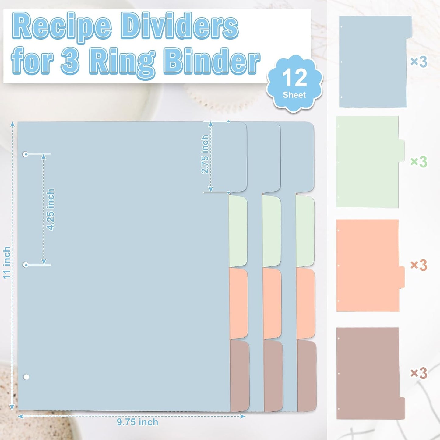 12 Sheet Recipe Dividers for 3 Ring Binder with 4 Tabs 9 3/4”×11” Paper Recipe Binder Dividers Blank Recipe Organizer Personalized Family Recipe Binder for Kitchen (Morandi)