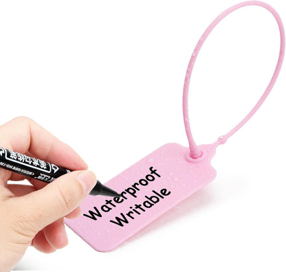 100 Pink Blank Plastic Tags for Labeling Waterproof Hanging Labels Writable Tags Seal Plastic Marking Label for Clothes Bags Keys Inventory with One Marker Pen