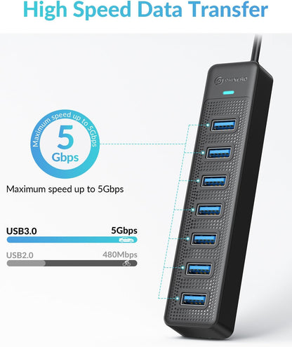 PHIXERO 7 Port USB Hub, 3.3FT/1M Long Cable USB 3.0 Hub Multi USB Port Hub Adapter Extension USB Splitter USB Hub for PC, Compatible with All USB 3.0/2.0/1.1 Device