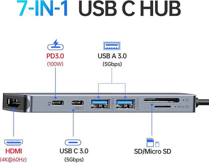 USB C Hub HDMI Adapter for MacBook Pro/Air, 7 in 1 USBC Dongle with HDMI, SD/TF Card Reader, USB C Data Port,100W PD, and 2 USB 3.0 Compatible for MacBook Pro/Air, Dell XPS, Lenovo Thinkpad.