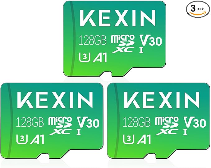 KEXIN 128GB Micro SD Card 3 Pack with Adapter - Up to 90MB/s 4K, V30, A1, C10, 4K UHD High Speed microSDXC UHS-I Memory Card Compatible with Action Camera Drone Game Smartphone Tablet 128G 3Pack