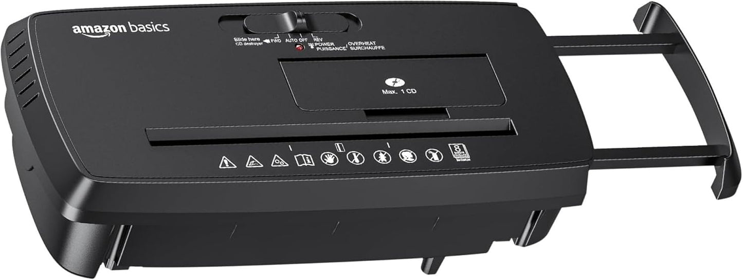 Amazon Basics 8-Sheet Strip Cut Paper, CD, and Credit Card Shredder with Auto-Off Compact, Portable Design, No Basket, Extendable Arm, Black