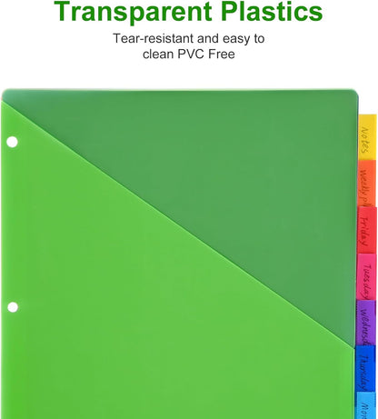 8-Tab Binder Dividers - Index Pockets Divider for 3 Ring Binders, 3-Hole Plastics Sheets Protectors for US Letter Size in 0.5'', 1'', 2'', 3 inch Binders, 8 Colors (XY004) (6 Packs)