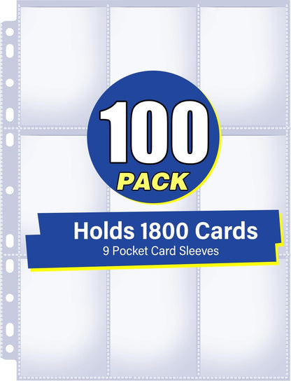 100 Pack 9 Pocket Double Side Card Sleeves Binder Sheets, Holds 1800 Cards, Trading Card Binder Sleeves for 3 Ring Binder, Card Sleeve Pages for Baseball, Football, Business, TCG, Kpop Cards