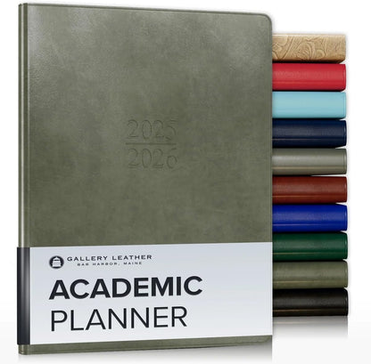 Gallery Leather Academic Planner 2025-2026, Teacher and Student Weekly Monthly Planner, Elegantly Bound Calendar with Gold-Gilded Page Edges, 18 Months - Acadia Cactus - 9x7"