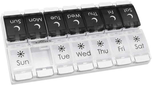 EZY DOSE Push Button (7-Day) Pill Case, Medicine Planner, Vitamin Organizer, 2 Times a Day AM/PM, Removable Trays, Large Compartments, Arthritis Friendly, Spring Open Black and White Lids, BPA Free