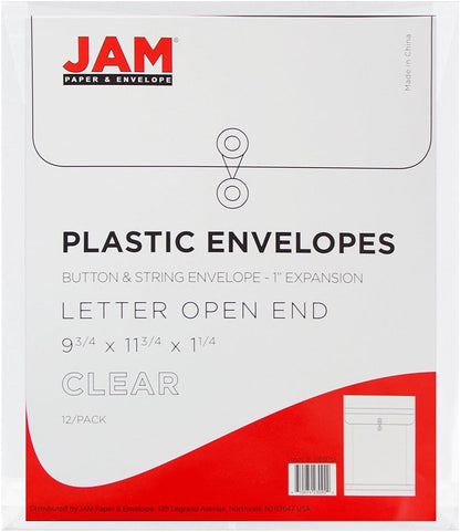 JAM PAPER Plastic Envelopes with Button & String Tie Closure - Letter Open End - 9 3/4 x 11 3/4 - Clear - 12/Pack