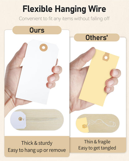 Uniclife 100 Pcs Manila Tags White Blank Shipping Tags with Wire Attached 4.7 Inch Paper Tags Hang Tags with Reinforced Eyelet Large Marking Tags Writable Price Tags Inventory Label Tags, 4.7" x 2.36"