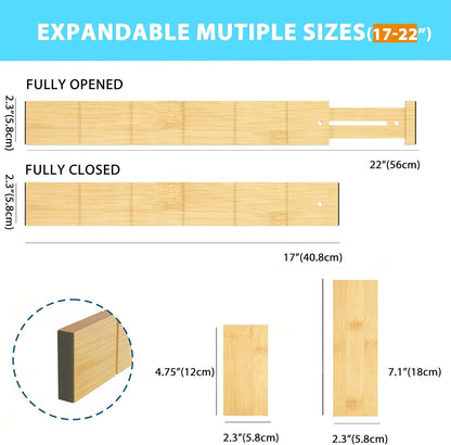6 Pack Bamboo Drawer Dividers with 12 Inserts, Expandable Adjustable Clothes Drawer Organizers and Storage from 17" to 22" for Kitchen, Bedroom, Dresser, Cosmetics (Natural)