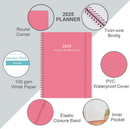 2025 Planner - Planner 2025 from January 2025 to December 2025 with 12 Monthly Tabs, Flexible Cover, Inner Pocket, 8.5" x 11", Pink