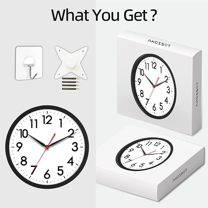 AKCISOT 12 Inch Wall Clock Silent Non-Ticking Modern Wall Clocks Battery Operated - Analog Classic Clock for Office, Home, Bathroom, Kitchen, Bedroom, School, Living Room(Black)