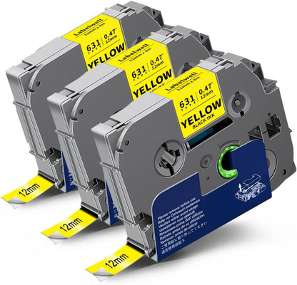 TZe-631 TZ 12mm 0.47 Laminated Black on Yellow Compatible with P Touch Label Tape TZe631 Refills for Ptouch PTH110 PT-D220 D210 D400 D600 H103W 2040 Label Maker, 3-Pack