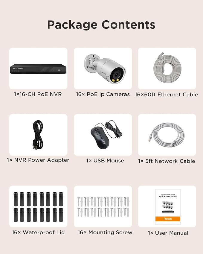 16 Channel Security Camera System for Business, 4K 16CH PoE NVR 4TB HDD,16x 5MP Wired IP PoE Cameras Outdoor, Smart Color Night Vision, Human Vehicle Detection, Built-in microphone,PB38F1616-5M