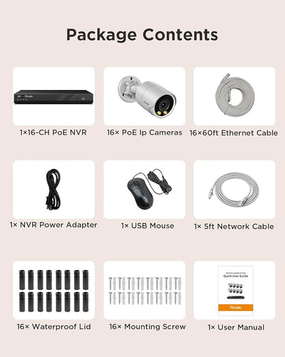 16 Channel Security Camera System for Business, 4K 16CH PoE NVR 4TB HDD,16x 5MP Wired IP PoE Cameras Outdoor, Smart Color Night Vision, Human Vehicle Detection, Built-in microphone,PB38F1616-5M