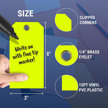 Tags 4 Less 15 Mil Waterproof Plastic Tags, Pack of 100 – 3” x 6” Heavy Duty Plastic Tags for Labeling, Outdoor Tagging, Equipment Labeling, Luggage, Valves & More (Fluorescent Yellow)