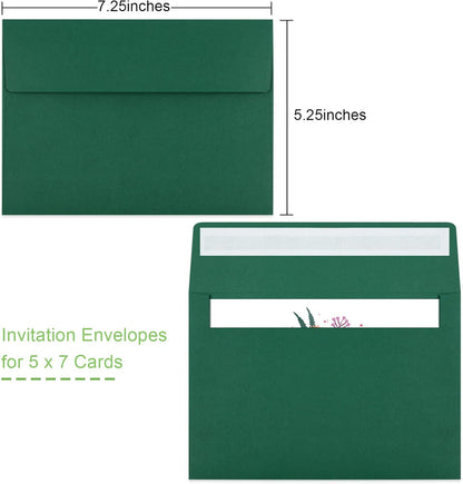 50 Pack 5x7 Envelopes - Self Seal for Invitations, Weddings, Photos & Greeting Cards (Dark Green)