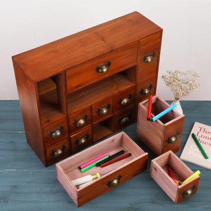 Apothecary Drawers Card Catalog Cabinet with 14 Drawers Wooden Card Catalog Wooden Storage Box for Desktop Organizer (Brown)