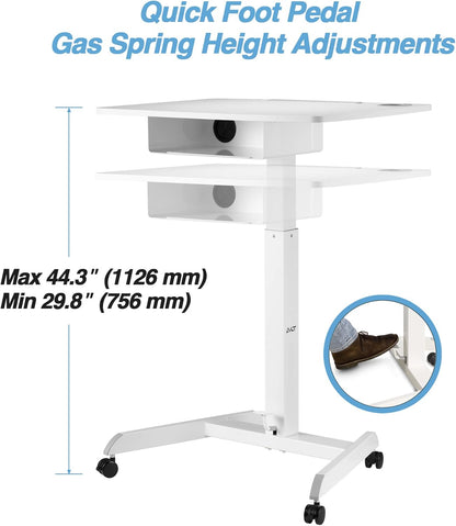 AVLT 44" Height Adjustable Foot Pedal Rolling Desk with Shelf (3 ft 8 inches) - Pneumatic Laptop Standing Desk Cart - Mobile Laptop Cart - White Computer Projector Cart with Brake Casters